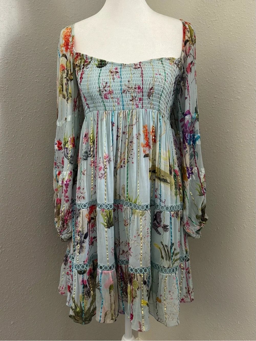 Anthropologie Hemant & Nandita Floral Sequin Off Shoulder Mini Dress XS Boho